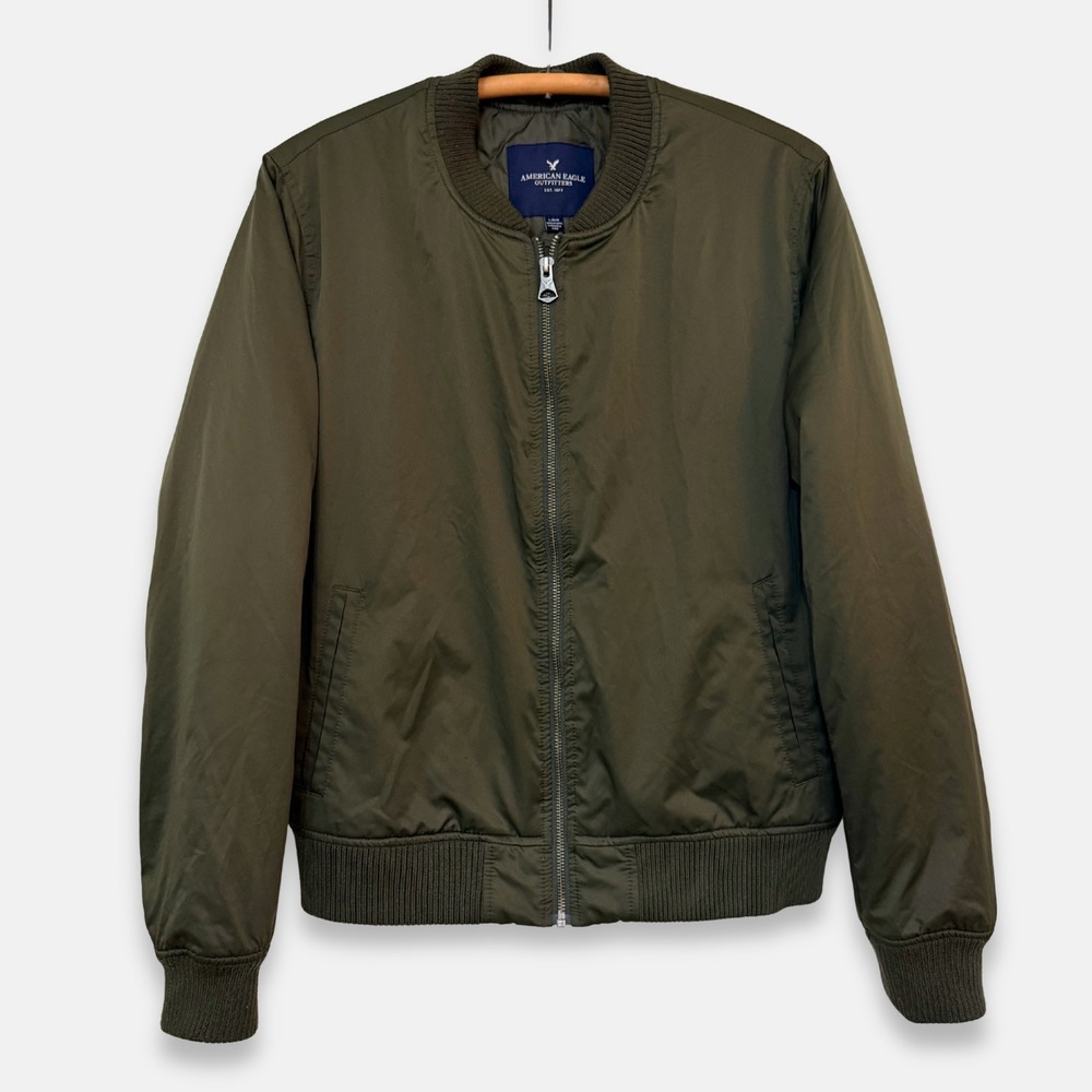 Vintage Y2K American‎ Eagle Olive Green Bomber Jacket Large MA-1 Style